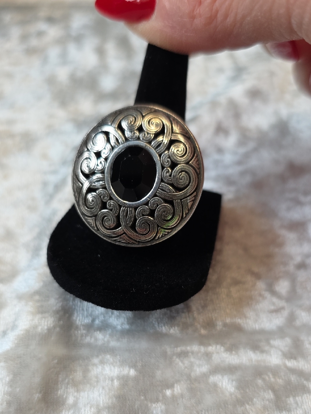 Retired Brighton Black Stone Silver-Tone Swirl Statement Ring